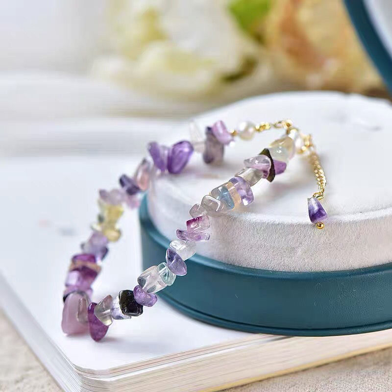 Natural Fluorite Crystal Bracelet Colorful Irregular Gravel Bracelet With Extension Chain