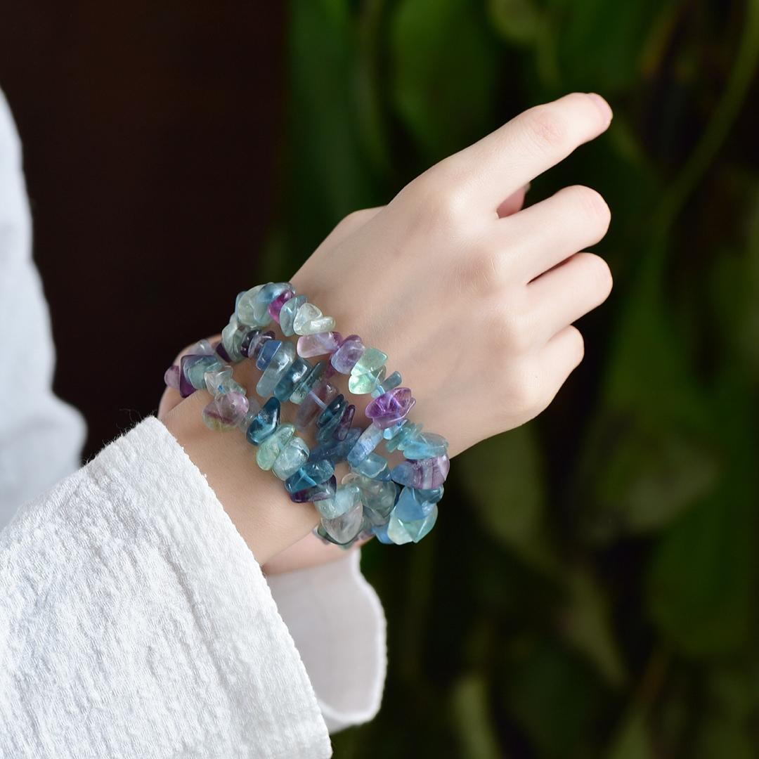Natural Fluorite Crystal Bracelet, Colorful Irregular Gravel Bracelet, Long Style, Multi-Circle Bracelet, Can Be Used As A Necklace.