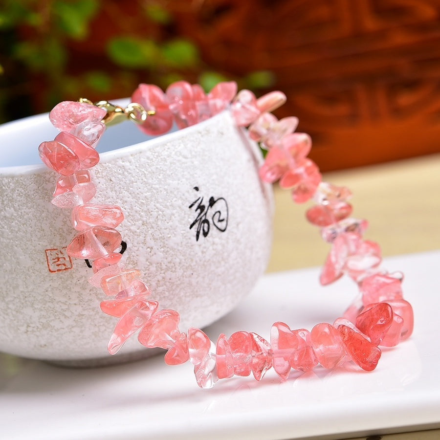 Natural Pink Crystal Bracelet Irregular Gravel Bracelet With Extension Chain